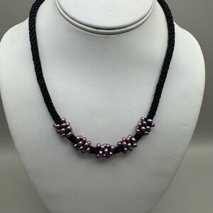 Black Braided Necklace with Purple Beaded Clusters